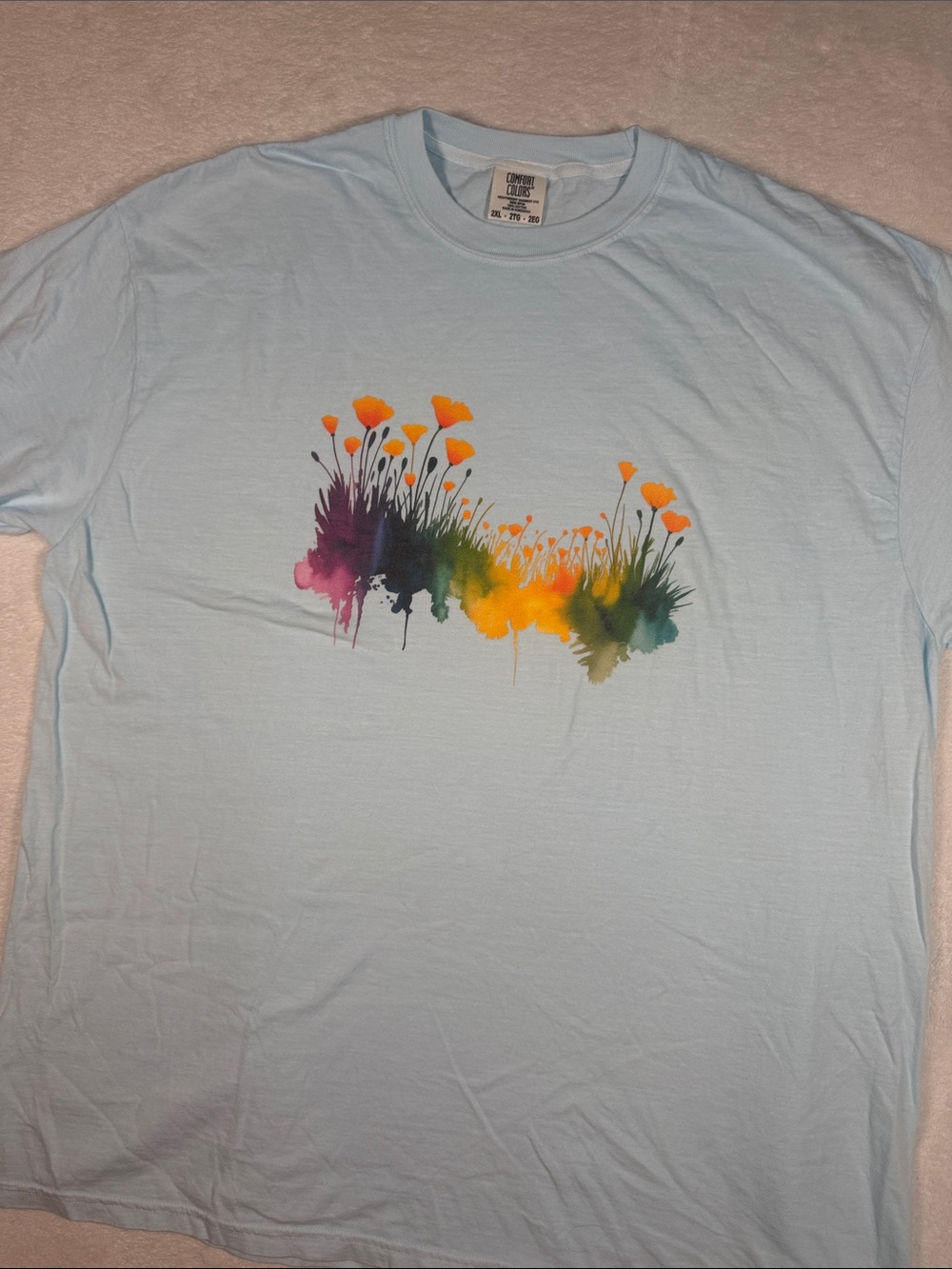 Comfort Colors Light Blue Tee with Rainbow Watercolor Floral Graphic
